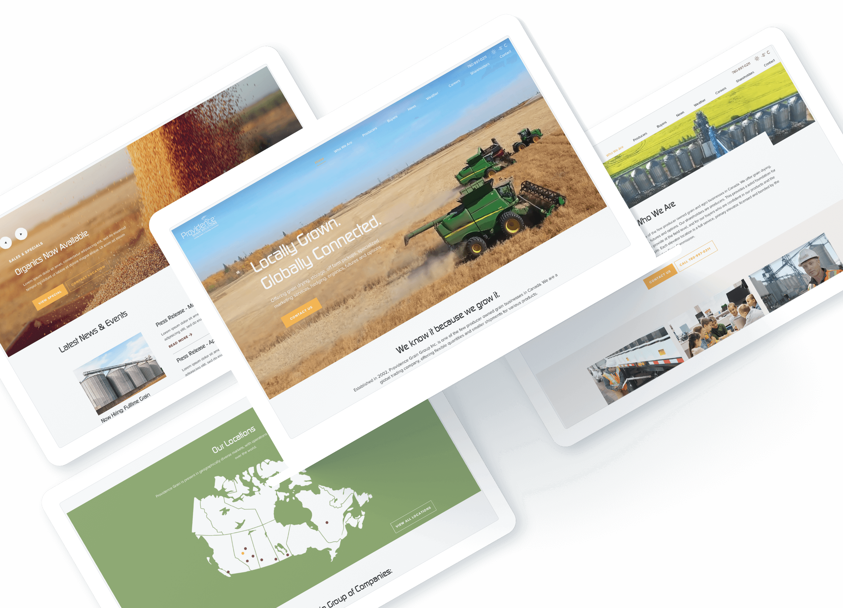 Several renderings of pages in the Providence Grain Solutions website